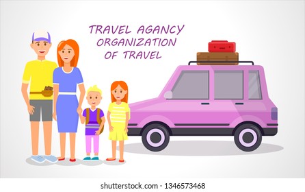 Travel Agency. Organization of Travel Horizontal Banner. Couple and Little Children Traveling Isolated on White Background. Happy Family with Kids Stand at Pink Car. Cartoon Flat Vector Illustration.