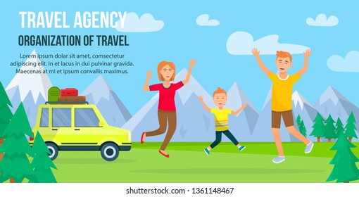 Travel Agency. Organization of Travel Horizontal Banner with Copy Space. Cheerful Man, Woman and Little Boy Jumping with Hands Up near Yellow Car on Nature Background Cartoon Flat Vector Illustration.