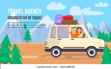 Travel Agency. Organization of Travel Horizontal Banner with Copy Space. Happy Young Couple Traveling by Car on Mountains Landscape Background with Pine Trees. Cartoon Flat Vector Illustration.