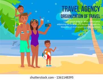 Travel Agency. Organization of Travel Square Banner with Copy Space. Family on Nighty Beach. Summer Holidays, Happy Mom, Dad, Two Sons on Vacation. People in Swimwear Cartoon Flat Vector Illustration.