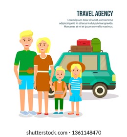 Travel Agency. Organization of Travel Square Banner with Copy Space. Parents and Little Kids Stand at Green Coupe Car with Bags on Roof Isolated on White Background. Cartoon Flat Vector Illustration.