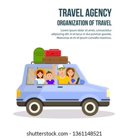 Travel Agency. Organization of Travel Square Banner with Copy Space. Happy Family with Kids Traveling by Car Isolated on White Background. Mom, Dad, Son and Daughter Cartoon Flat Vector Illustration.