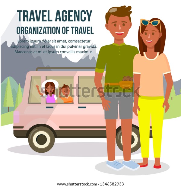 Travel Agency. Organization of Travel\
Square Banner with Copy Space. Parents and Children Traveling by\
Car on Nature Landscape with Mountains and Trees Background.\
Cartoon Flat Vector\
Illustration.