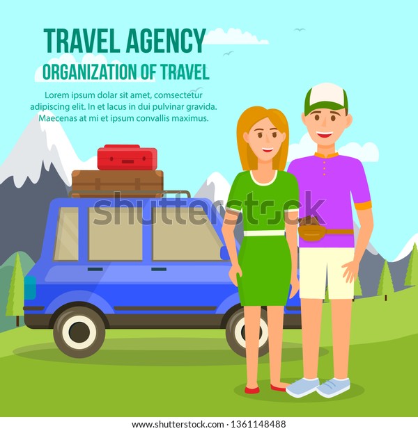Travel Agency. Organization of Travel\
Square Banner with Copy Space. Smiling Young Couple Stand at Blue\
Car with Luggage on Roof at Highland Landscape Background. Cartoon\
Flat Vector\
Illustration.