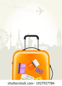 Travel agency poster with plastic suitcase and european landmarks - tourism poster