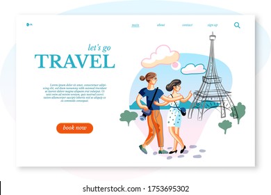 Travel Agency Presentation. Online Booking Service. Young Man Woman Rest During France Excursion Tour. Family Couple Hugging Look At Eifel Tower. Landing Page Design. Vector Illustration