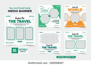 Travel agency promotion banner and social media post design bundle with green and orange colors. Tour and travel advertisement flyer template collection. Touring group web banner set for marketing.