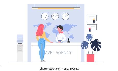 Travel agency reception concept. Woker standing at the counter and helping a customer. Tourism center office. Flat vector illustration.