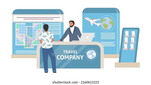 Travel agency receptionist and visitor flat vector. Seller at counter desk and client choosing or booking tour illustration