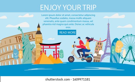 Travel Agency Romantic Trips in Foreign Country Trendy Flat Vector Web Banner, Landing Page Template. Couple on Scooter Visiting Europe, Asia, USA, Exploring World Famous Attractions Illustration