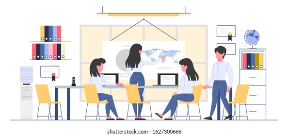 Travel agency room interior. People sitting at the desk and work on computer. Customer choosing a trip. Tourism center office. Flat vector illustration.