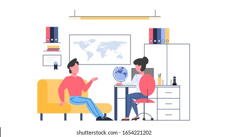 Travel agency room interior. People sitting at the desk and work on computer. Customer choosing a trip. Tourism center office. Flat vector illustration.