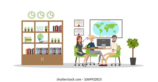 Travel agency room with people working together on white.