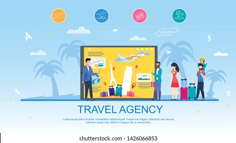 Travel Agency And Services Advertising Flat Banner. Tour Agent Offering Consultations For Young Family And Single Man Going To Trip. People Standing In Front Of Computer Screen. Vector Illustration