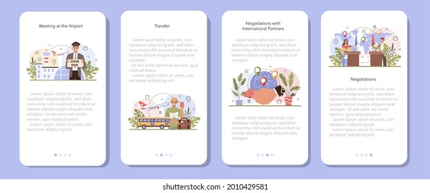 Travel agency services mobile application banner set. Transfer, tourists transportation. International negotiations. Business planning and development. Flat vector illustration