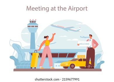 Travel agency services. Transfer, tourists transportation from airport to a hotel. International negotiations. Business planning and development, future business partnership Flat vector illustration