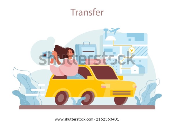 Travel agency services. Transfer, tourists\
transportation from airport to a hotel. International negotiations.\
Business planning and development, future business partnership Flat\
vector illustration