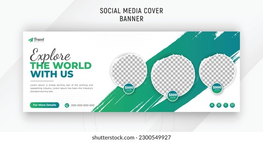 Travel agency social media cover and a discount offer web banner template for a dream holiday vacation with gradient color shapes