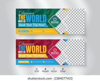 Travel agency social media cover design template for ads tour social media cover with photo place holder.
