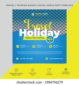 travel agency social media post template design, travel social media banner. an image space in the template, yellow and blue colors are used. vintage font in text, vector template, eps 10, colorful