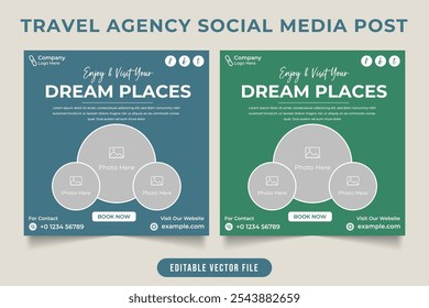 Vector de publicación de medios sociales de agencias de viajes con fondos azul oscuro y verde. Diseño de Anuncio de Web promocional de su negocio con marcadores de posición de fotos. Folleto creativo de marketing de negocios de viajes.