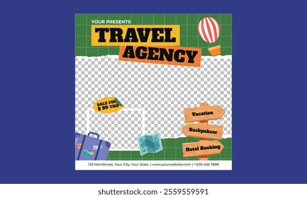 Travel Agency Socials Media.  Brochure template layout design. Corporate business flyer catalog, magazine mockup. Creative poster, booklet, flyer or banner concept.