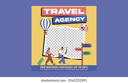 Travel Agency Socials Media. Summer holiday travelling and tourism online promotion digital banner, poster or flyer.