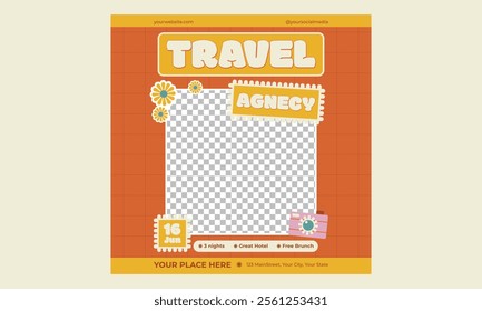 Travel Agency Socials Media. Summer holiday travelling and tourism online promotion digital banner, poster or flyer.