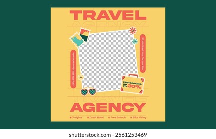 Travel Agency Socials Media. Summer holiday travelling and tourism online promotion digital banner, poster or flyer.