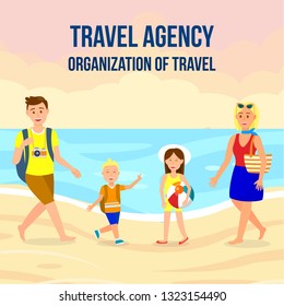 Travel Agency Square Banner Layout with Lettering. Summer Vacation on Beach Vector Illustration. Family on Exotic Holidays Flat Drawing. Tourists on Sea Resort. Parents, Children Cartoon Characters