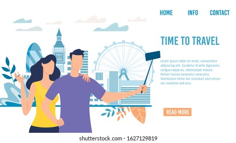 Travel Agency, Startup, Online Service for Tourists Trendy Flat Vector Web Banner, Landing Page Template. Happy Couple, Newlyweds Making Selfie Photos on Background of London Attractions Illustration