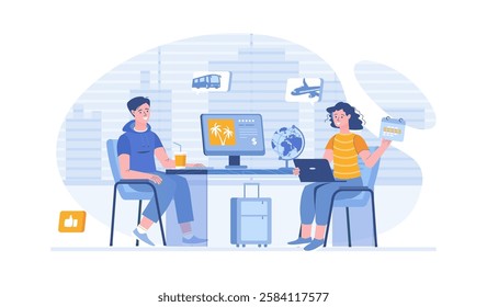 Travel agency, touristic service, tour operator. Company manager consulting client on the choosing vacation tour. Vector illustration with characters in flat design for web banner.