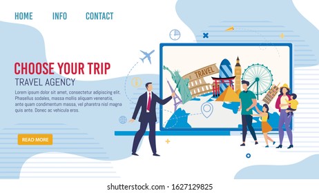 Travel Agency Tours for Traveling Families Trendy Flat Vector Web Banner, Landing Page Template. Company Manager, Showing with Pointer, Offering Destinations for Clients Vacation Journey Illustration