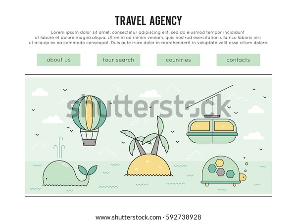 Travel\
agency vector banner template. Leisure and excursions, activities\
during the trip. Tourism linear modern pictograms. For banners and\
posters, cards and brochures, website\
designs.