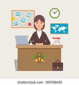 Travel agency vector illustration of a woman sitting at the table in the office