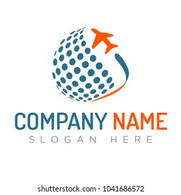 Travel agency vector logo template. Airplane plane logo icon vector template. Abstract globe dotted sphere, 3d halftone dot effect.