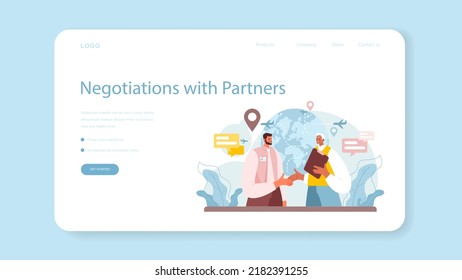 Travel agency web banner or landing page. Transfer, tourists transportation from airport to a hotel. International negotiations. Business planning and partnership Flat vector illustration