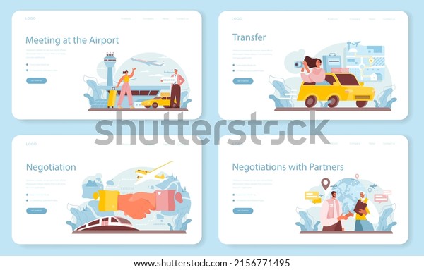 Travel agency web banner or landing page
set. Transfer, tourists transportation from airport to a hotel.
International negotiations. Business planning and partnership Flat
vector illustration