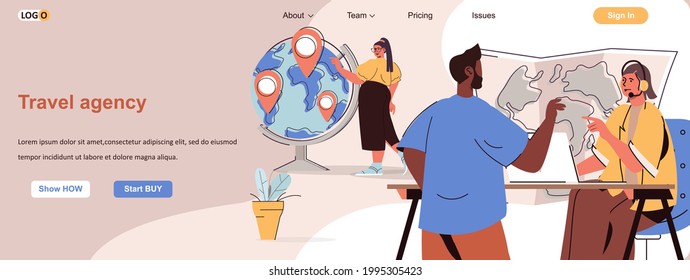 Concepto web de agencia de viajes. El operador ayuda al cliente a elegir el tour turístico en la escena del mapa. Plantilla de banner con diseño de caracteres de línea plana. Ilustración vectorial para materiales promocionales de medios sociales