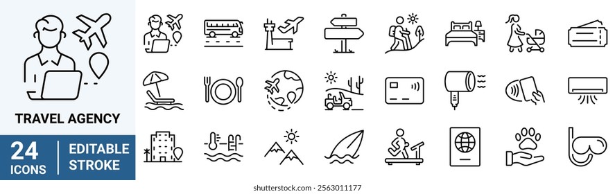 Travel agency web line icon set. Vector illustration tourism service symbols included, flight, transfer, food. Editable strokes