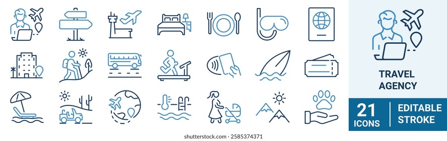 Travel agency web line icon set. Vector illustration tourism service symbols included, flight, transfer, food. Editable strokes