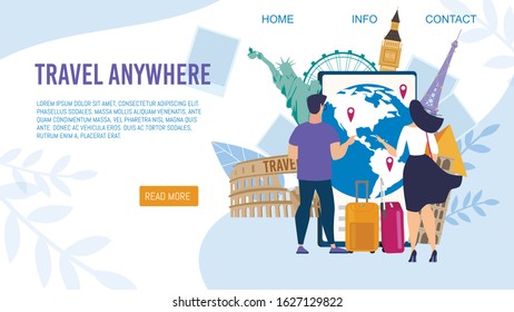 Travel Agency World Tours, Airline Flight Routes for Tourist Trendy Flat Vector Web Banner, Landing Page Template. Man and Woman with Luggage, Choosing Travel Destinations on World Map Illustration