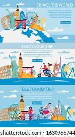 Travel Agency World Trips, Family Journey, Romantic Travel in Foreign Country Trendy Flat Vector Horizontal Web Banners, Landing Pages Templates Set. People Visiting Famous Attractions Illustration