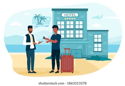 Pasaporte de cheques de agencia de viajes. El director de turismo vende billetes de viaje, cruceros, de vía aérea o ferroviaria. Agencia de organización de vacaciones, disponibilidad de reservas de hotel. Ilustración vectorial de dibujos animados planos