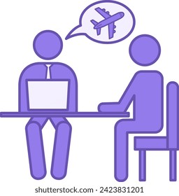 Travel Agent Colored Icon. Vector Icon of Sitting Client, Travel Agent with Laptop and Airplane. Travel and Vacation Concept