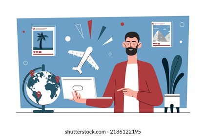 Travel agent concept. Man with laptop controls flights around world. Logistics and selection of country for travel. International business, tourism and vacation. Cartoon flat vector illustration