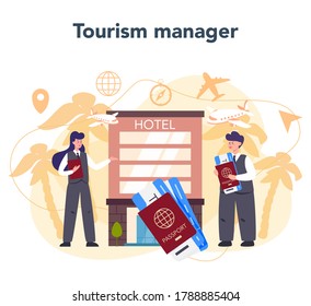 Travel agent concept. Office worker selling tour, cruise, airway or railway tickets. Vacation organization agency, hotel booking. Isolated vector illustration