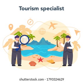 Travel agent concept. Office worker selling tour, cruise, airway or railway tickets. Vacation organization agency, hotel booking. Isolated vector illustration