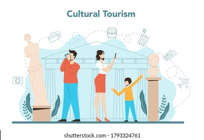 Travel agent concept. Office worker selling tour, cruise, airway or railway tickets. Vacation organization agency, hotel booking. Isolated vector illustration