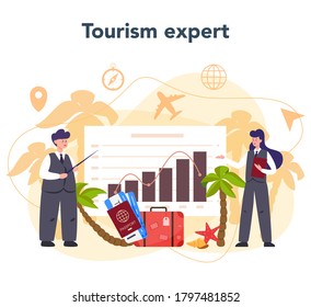 Travel agent concept. Office worker selling tour, cruise, airway or railway tickets. Vacation organization agency, hotel booking. Isolated vector illustration
